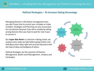 Political Strategies – To Increase Voting Percentage 
Managing Election is the fastest management ever, 
you don't have ti...