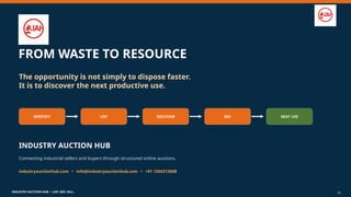 INDUSTRY AUCTION HUB • LIST. BID. SELL.
FROM WASTE TO RESOURCE
The opportunity is not simply to dispose faster.
It is to discover the next productive use.
IDENTIFY LIST DISCOVER BID NEXT USE
INDUSTRY AUCTION HUB
Connecting industrial sellers and buyers through structured online auctions.
industryauctionhub.com • info@industryauctionhub.com • +91 1204313608
10
 