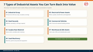 INDUSTRY AUCTION HUB • LIST. BID. SELL.
7 Types of Industrial Assets You Can Turn Back Into Value
Not every “non-required” asset is waste. Many can be resold, reused, processed or recycled.
01 Industrial Scrap
Ferrous & non-ferrous scrap, cut pieces, turnings
02 Steel Seconds
Rejected, secondary or off-spec material
03 Surplus Raw Material
Excess stock, cancelled-order inventory
04 Used Machinery
Machines, plants and production equipment
05 Electrical & Power Assets
Motors, panels, transformers and equipment
06 Commercial Vehicles
Fleet, trucks and material-handling vehicles
07 Warehouse & Idle Assets
Tools, racks, office and obsolete plant assets
THE COMMON THREAD: FIND THE NEXT PRODUCTIVE USE
3
 
