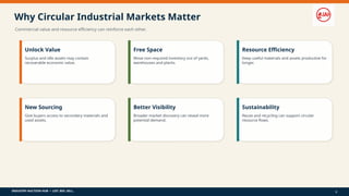 INDUSTRY AUCTION HUB • LIST. BID. SELL.
Why Circular Industrial Markets Matter
Commercial value and resource efficiency can reinforce each other.
Unlock Value
Surplus and idle assets may contain
recoverable economic value.
Free Space
Move non-required inventory out of yards,
warehouses and plants.
Resource Efficiency
Keep useful materials and assets productive for
longer.
New Sourcing
Give buyers access to secondary materials and
used assets.
Better Visibility
Broader market discovery can reveal more
potential demand.
Sustainability
Reuse and recycling can support circular
resource flows.
8
 