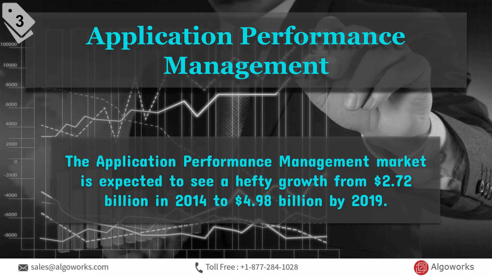 Application Performance
Management
The Application Performance Management market
is expected to see a hefty growth from $2.72
billion in 2014 to $4.98 billion by 2019.
3
 