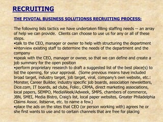 RECRUITING
THE PIVOTAL BUSINESS SOLUTIONSS RECRUITING PROCESS:

The following lists tactics we have undertaken filling staffing needs -- an array
of help we can provide. Clients can choose to use us for any or all of these
steps.
•talk to the CEO, manager or owner to help with structuring the department
•interview existing staff to determine the needs of the department and the
company
•speak with the CEO, manager or owner, so that we can define and create a
job summary for the open position
•perform proprietary research to draft a suggested list of the best place(s) to
list the opening, for your approval. (Some previous means have included
broad target, industry target, job target, viral, company‟s own website, etc.:
Monster, Career Builder, industry specific job boards, association newsletters,
Dice.com, IT boards, ad clubs, Folio:, CRMA, direct marketing associations,
local papers, SEMPO, MediaWeek/Adweek, SMPS, chambers of commerce,
JBN, SMEI, Media Bistro, Craig‟s list, local paper websites, Greater Philadelphia
Claims Assoc. listserve, etc. to name a few.)
•place the ads on the sites that CEO (or person working with) agrees he or
she first wants to use and to certain channels that are free for placing
 