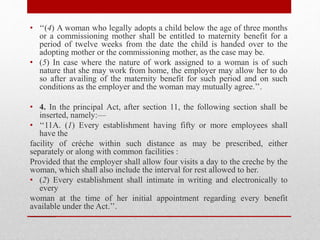 • ‘‘(4) A woman who legally adopts a child below the age of three months
or a commissioning mother shall be entitled to maternity benefit for a
period of twelve weeks from the date the child is handed over to the
adopting mother or the commissioning mother, as the case may be.
• (5) In case where the nature of work assigned to a woman is of such
nature that she may work from home, the employer may allow her to do
so after availing of the maternity benefit for such period and on such
conditions as the employer and the woman may mutually agree.’’.
• 4. In the principal Act, after section 11, the following section shall be
inserted, namely:—
• ‘‘11A. (1) Every establishment having fifty or more employees shall
have the
facility of créche within such distance as may be prescribed, either
separately or along with common facilities :
Provided that the employer shall allow four visits a day to the creche by the
woman, which shall also include the interval for rest allowed to her.
• (2) Every establishment shall intimate in writing and electronically to
every
woman at the time of her initial appointment regarding every benefit
available under the Act.’’.
———
 