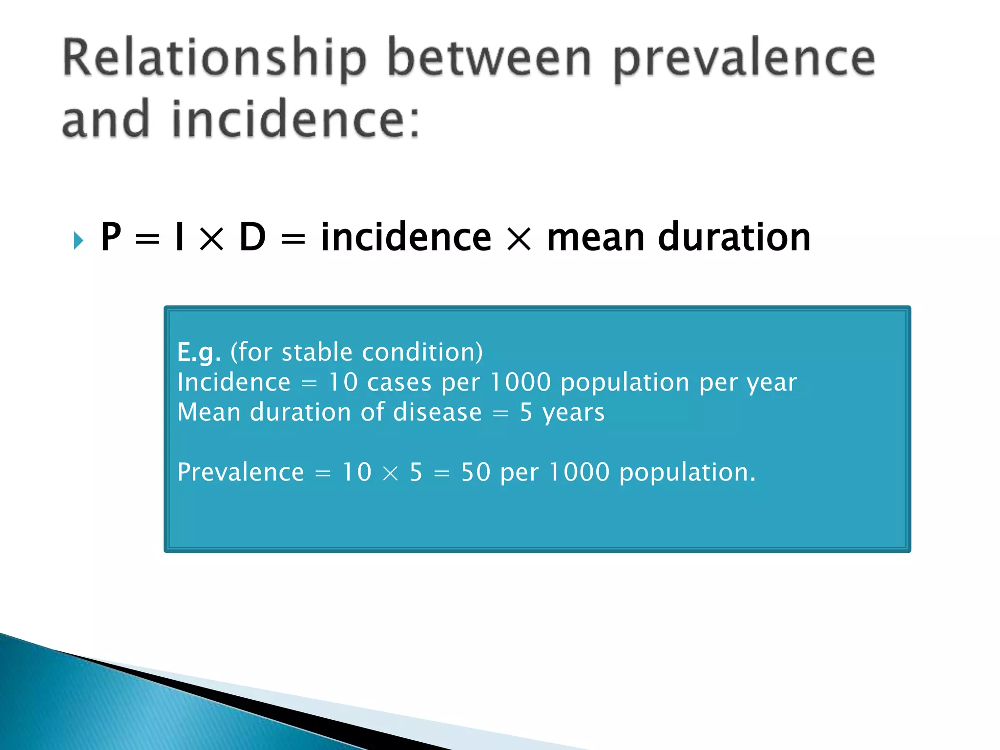  P = I × D = incidence × mean duration
E.g. (for stable condition)
Incidence = 10 cases per 1000 population per year
Mean duration of disease = 5 years
Prevalence = 10 × 5 = 50 per 1000 population.
 
