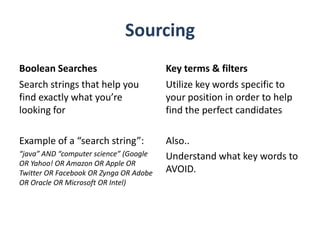 Sourcing
Boolean Searches
Search strings that help you
find exactly what you’re
looking for
Example of a “search string”:
“java” AND “computer science” (Google
OR Yahoo! OR Amazon OR Apple OR
Twitter OR Facebook OR Zynga OR Adobe
OR Oracle OR Microsoft OR Intel)
Key terms & filters
Utilize key words specific to
your position in order to help
find the perfect candidates
Also..
Understand what key words to
AVOID.
 
