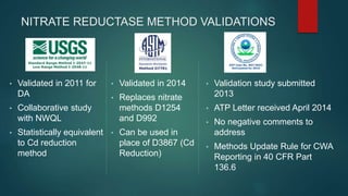 NITRATE REDUCTASE METHOD VALIDATIONS
• Validated in 2011 for
DA
• Collaborative study
with NWQL
• Statistically equivalent
to Cd reduction
method
• Validated in 2014
• Replaces nitrate
methods D1254
and D992
• Can be used in
place of D3867 (Cd
Reduction)
• Validation study submitted
2013
• ATP Letter received April 2014
• No negative comments to
address
• Methods Update Rule for CWA
Reporting in 40 CFR Part
136.6
 