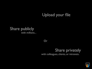 Upload your ﬁle


Share publicly
      with millions...


                           Or


                                       Share privately
                         with colleagues, clients, or intranets.
 