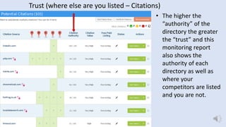 Point 2
Point 3
Trust (where else are you listed – Citations)
• The higher the
“authority” of the
directory the greater
the “trust” and this
monitoring report
also shows the
authority of each
directory as well as
where your
competitors are listed
and you are not.
 