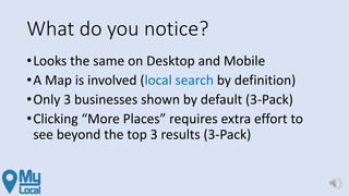What do you notice?
•Looks the same on Desktop and Mobile
•A Map is involved (local search by definition)
•Only 3 businesses shown by default (3-Pack)
•Clicking “More Places” requires extra effort to
see beyond the top 3 results (3-Pack)
 