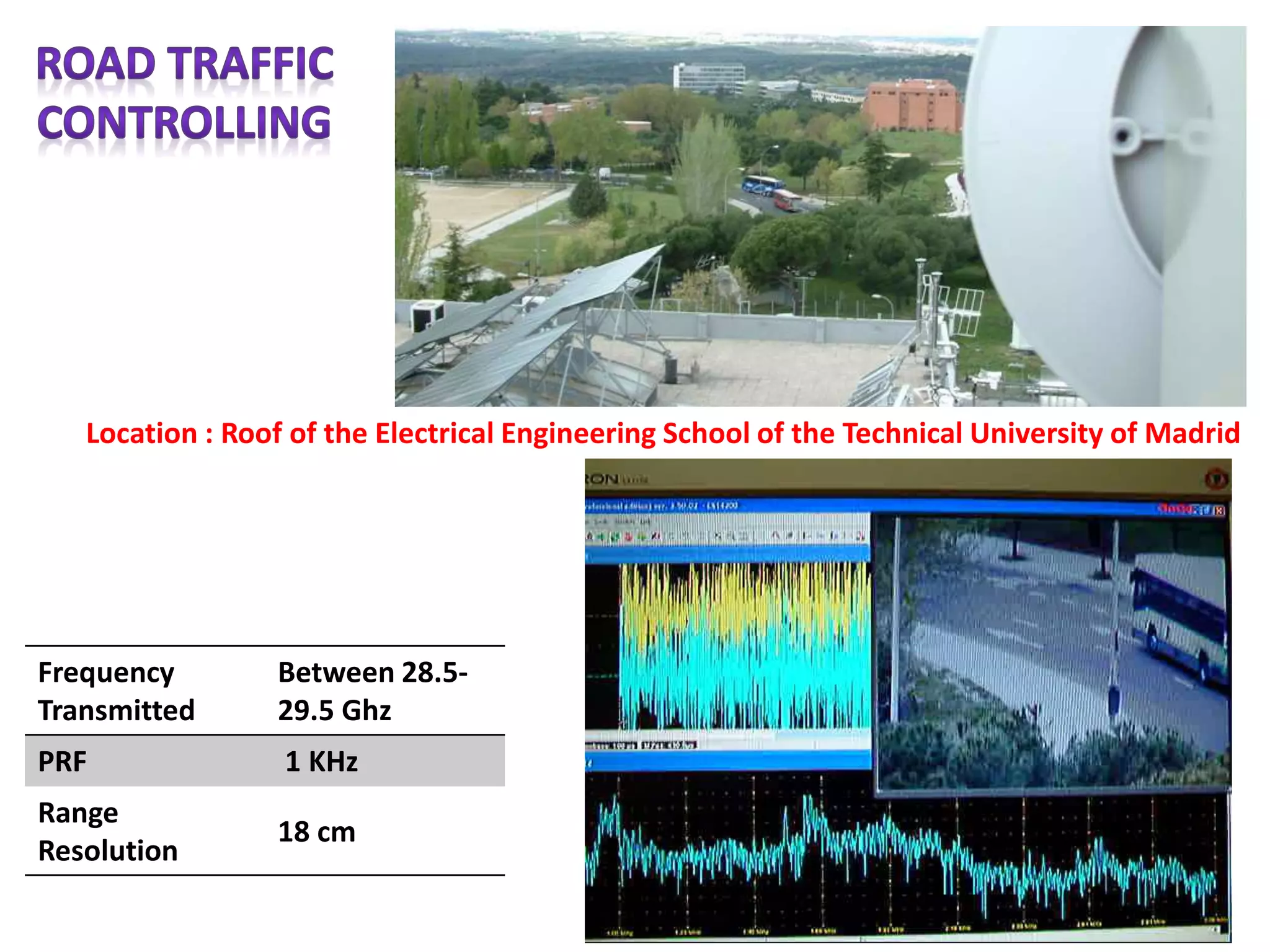 Frequency
Transmitted
Between 28.5-
29.5 Ghz
PRF 1 KHz
Range
Resolution
18 cm
Location : Roof of the Electrical Engineering School of the Technical University of Madrid
 
