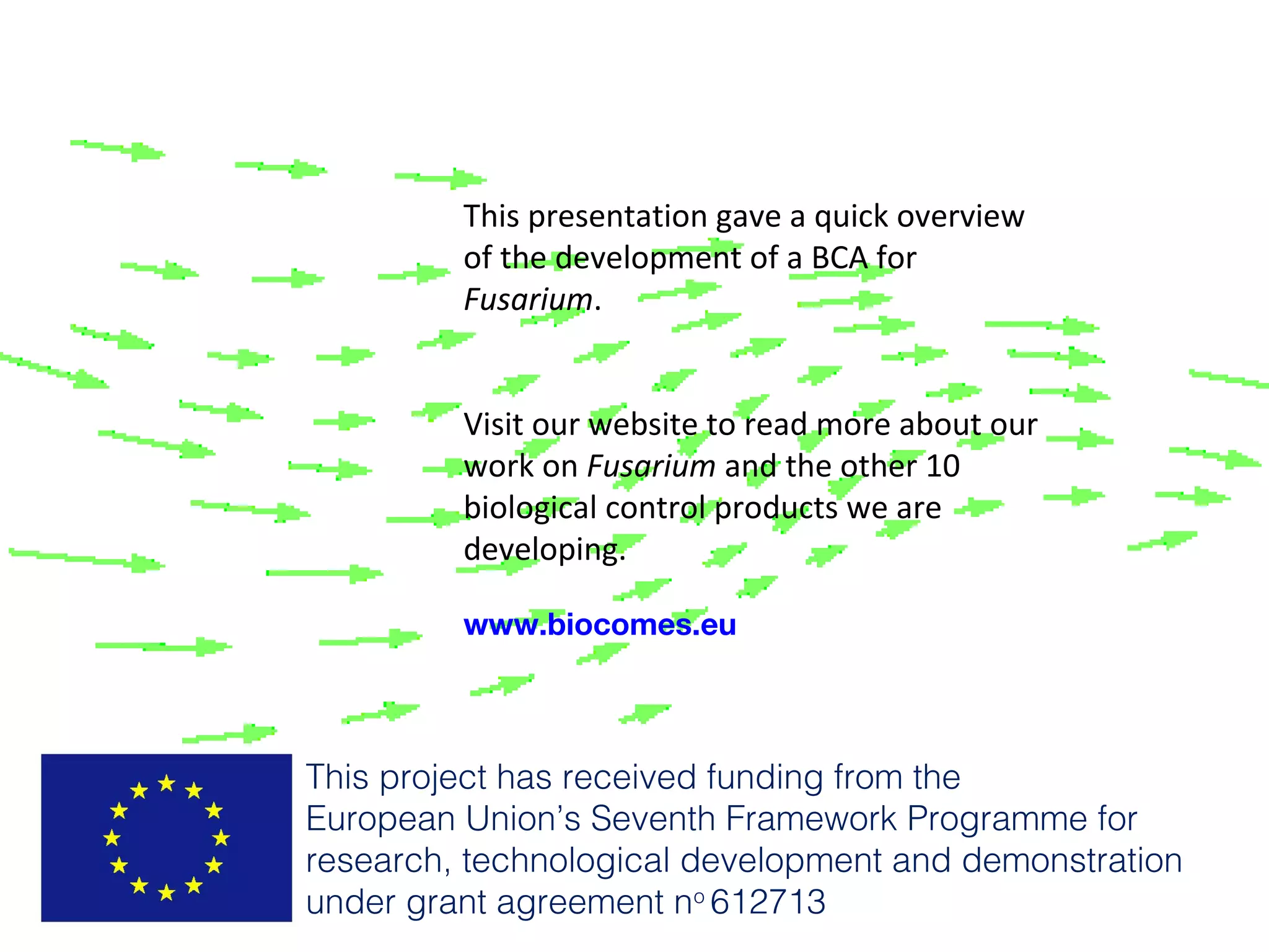 This presentation gave a quick overview
of the development of a BCA for
Fusarium.
Visit our website to read more about our
work on Fusarium and the other 10
biological control products we are
developing.
www.biocomes.eu
This project has received funding from the
European Union’s Seventh Framework Programme for
research, technological development and demonstration
under grant agreement no
612713
 
