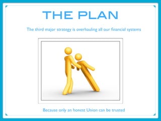 the plan
The third major strategy is overhauling all our ﬁnancial systems




         Because only an honest Union can be...