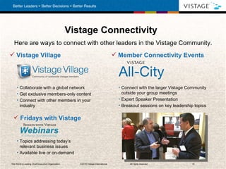 Vistage Village Fridays with Vistage Member Connectivity Events Vistage Connectivity Here are ways to connect with other leaders in the Vistage Community. Collaborate with a global network  Get exclusive members-only content Connect with other members in your industry Connect with the larger Vistage Community outside your group meetings Expert Speaker Presentation Breakout sessions on key leadership topics Topics addressing today’s relevant business issues Available live or on-demand The World’s Leading Chief Executive Organization . ©2010 Vistage International.  All rights reserved.  Vistage Audio cast V245- Leadership Vistage Audio cast V245- Leadership 