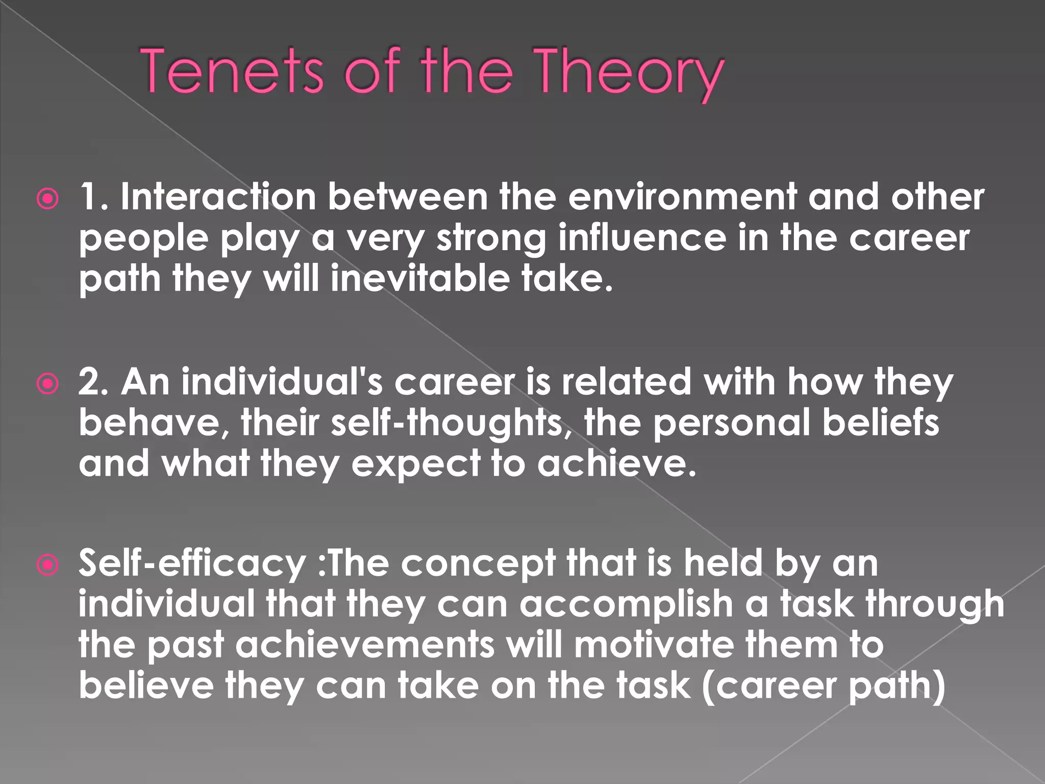    1. Interaction between the environment and other
    people play a very strong influence in the career
    path they will inevitable take.

   2. An individual's career is related with how they
    behave, their self-thoughts, the personal beliefs
    and what they expect to achieve.

   Self-efficacy :The concept that is held by an
    individual that they can accomplish a task through
    the past achievements will motivate them to
    believe they can take on the task (career path)
 