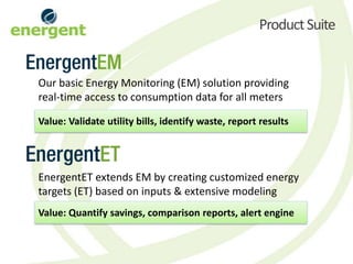 Product Suite


Our basic Energy Monitoring (EM) solution providing
real-time access to consumption data for all meters

Value: Validate utility bills, identify waste, report results




EnergentET extends EM by creating customized energy
targets (ET) based on inputs & extensive modeling
Value: Quantify savings, comparison reports, alert engine
 