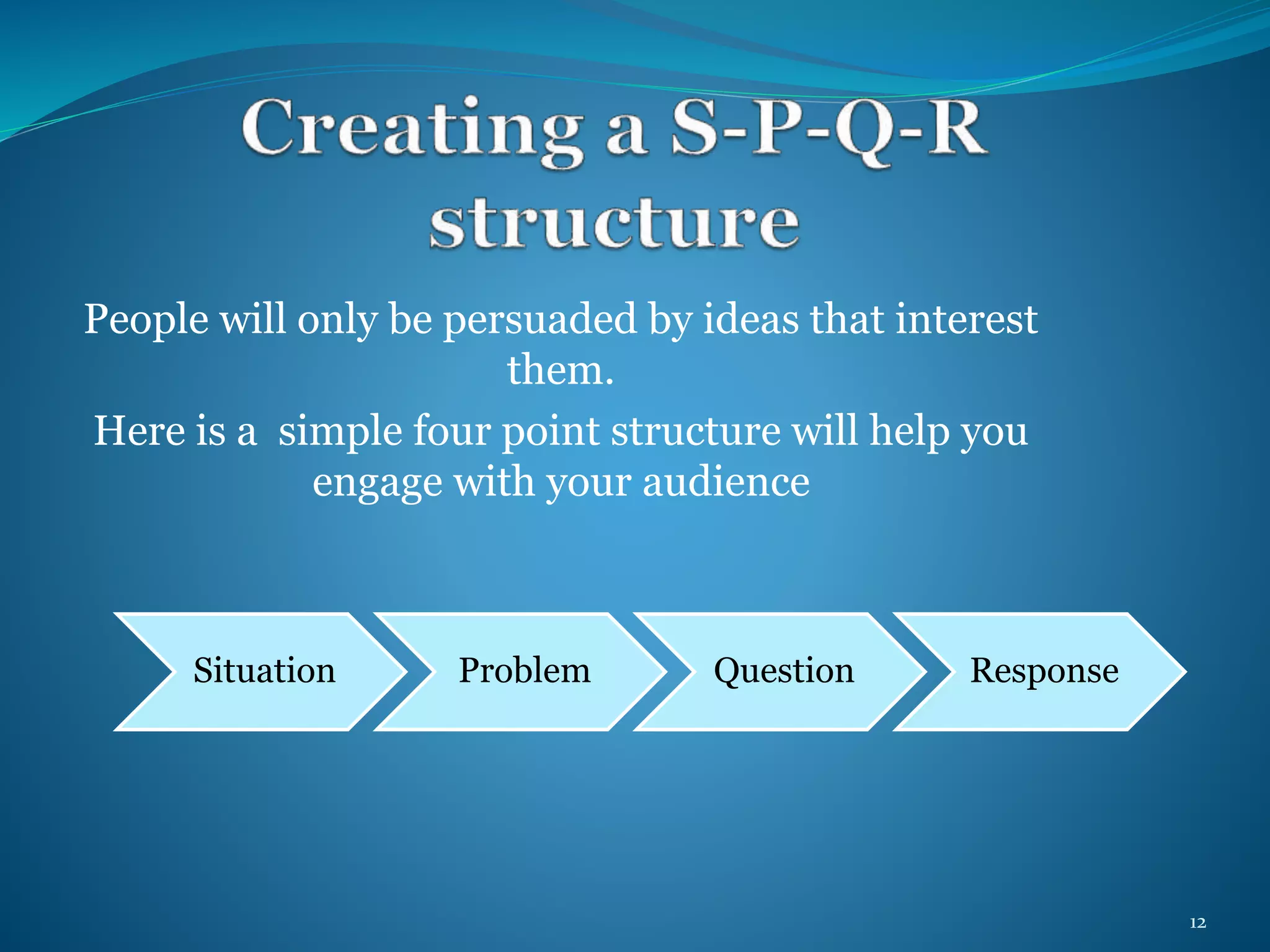 People will only be persuaded by ideas that interest 
them. 
Here is a simple four point structure will help you 
engage with your audience 
Situation Problem Question Response 
12 
 
