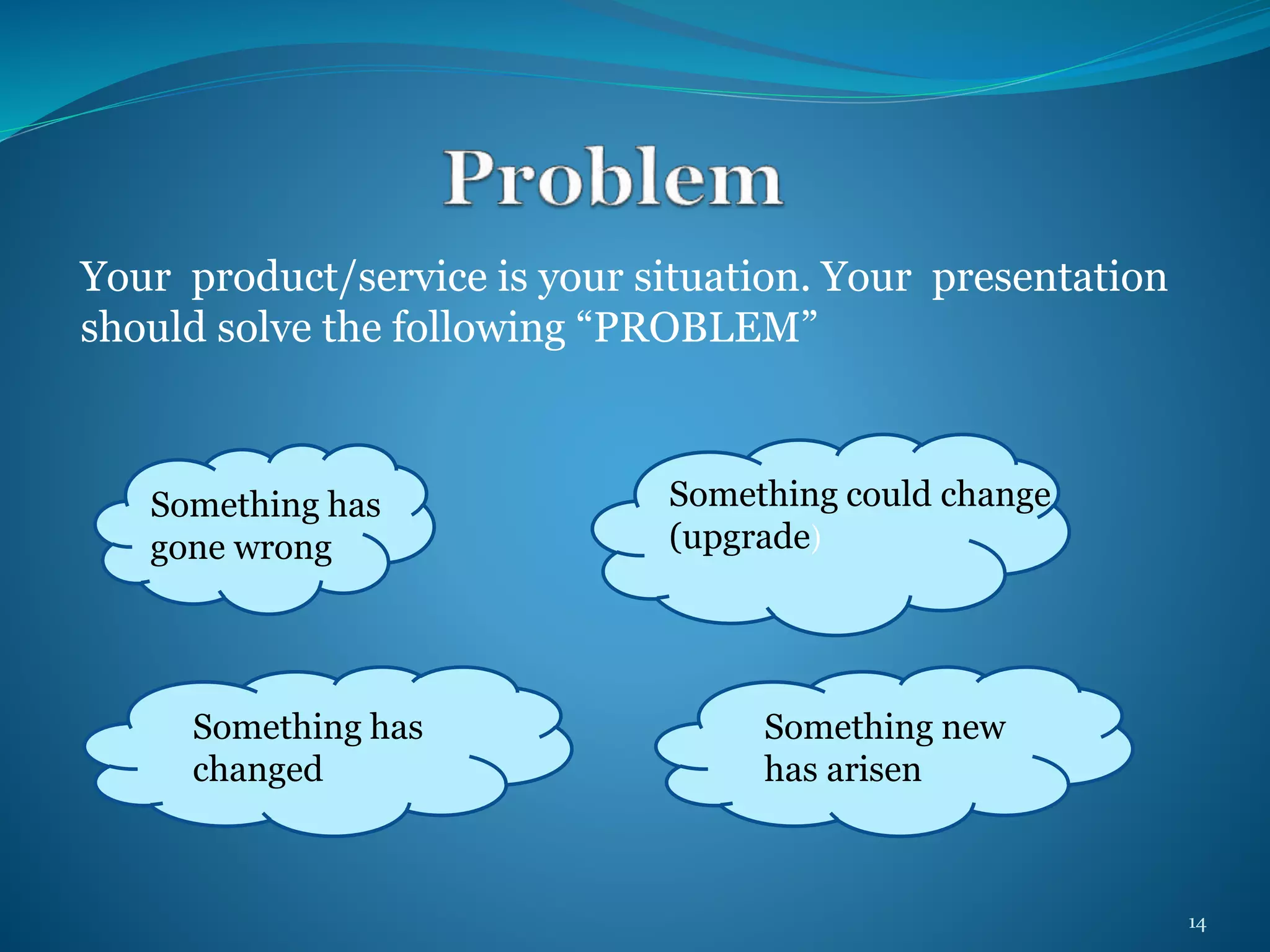 Your product/service is your situation. Your presentation 
should solve the following “PROBLEM” 
Something has 
gone wrong 
Something could change 
(upgrade) 
Something has 
changed 
Something new 
has arisen 
14 
 