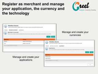 Manage and create your
currencies
Register as merchant and manage
your application, the currency and
the technology
Manage and create your
applications
 