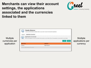 Multiple
currencies per
application
Multiple
applications per
currency
Merchants can view their account
settings, the applications
associated and the currencies
linked to them
 