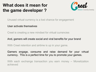 Unused virtual currency is a lost chance for engagement
User activate themselves
Creel is creating a new mindset for virtual currencies
And, gamers will create social and viral benefits for your brand
With Creel retention and airtime is up in your game.
Gamers engage, consume and raise demand for your virtual
currency. This is a perfect time for you to promote your games.
With each exchange transaction you earn money C Monetization
achieved
What does it mean for
the game developer ?
 