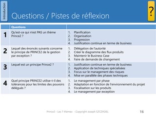 Questions / Pistes de réflexion
Prince2 - Les 7 thèmes - Copyright Joseph SZCZYGIEL 18
?
Questions
1
Qu'est-ce qui n'est PAS un thème
Prince2 ?
Justification continue en terme de business
La justification continue en terme de business est un des
principes de Prince2.
2
Lequel des énoncés suivants concerne
le principe de PRINCE2 de la gestion
par exception ?
Délégation de l'autorité
La délégation se produit tout au long d'un projet PRINCE2. De la
part de la direction d'entreprise ou de programme pour l comité
de pilotage projet, qui délègue au Chef de Projet, qui délègue à
son tour au responsable de l'équipe. Chaque niveau a des
tolérances définies par le niveau supérieur pour déterminer
quand ils doivent faire appel en cas de problèmes.
3
Lequel est un principe Prince2 ? Justification continue en terme de business
La justification continue en terme de business est un des 7
principes de Prince2
4
Quel principe PRINCE2 utilise-t-il des
tolérances pour les limites des pouvoirs
délégués ?
Le management par exception
Dans un projet PRINCE2, sont définies les tolérances de chaque
objectif pour préciser les limites de délégation de pouvoirs.
Introduction
 