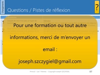 Thème
Progression
Où en sommes-nous ?
Quel est l’avancement ?
Prince2 - Les 7 thèmes - Copyright Joseph SZCZYGIEL 89
 
