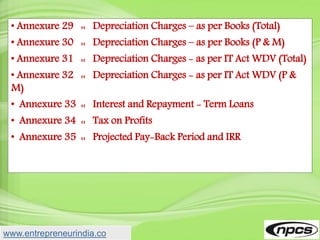 • Annexure 29 :: Depreciation Charges – as per Books (Total)
• Annexure 30 :: Depreciation Charges – as per Books (P & M)
• Annexure 31 :: Depreciation Charges - as per IT Act WDV (Total)
• Annexure 32 :: Depreciation Charges - as per IT Act WDV (P &
M)
• Annexure 33 :: Interest and Repayment - Term Loans
• Annexure 34 :: Tax on Profits
• Annexure 35 :: Projected Pay-Back Period and IRR
www.entrepreneurindia.co
 