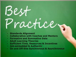 • Standards Alignment
• Collaborative with Coaches and Mentors
• Formative and Summative Data
• Adult Learning Theories
• Sufficient Time, Resources & Incentives
• Job-embedded & Authentic
• On and Off-Site Synchronous & Asynchronous
 