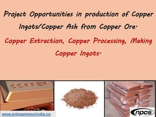 www.entrepreneurindia.co
Project Opportunities in production of Copper
Ingots/Copper Ash from Copper Ore.
Copper Extraction, Copper Processing, Making
Copper Ingots.
 