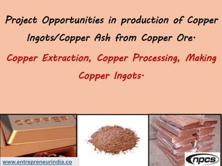 www.entrepreneurindia.co
Project Opportunities in production of Copper
Ingots/Copper Ash from Copper Ore.
Copper Extractio...