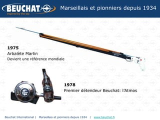 Marseillais et pionniers depuis 1934




 1975
 Arbalète Marlin
 Devient une référence mondiale




                                            1978
                                            Premier détendeur Beuchat: l’Atmos




Beuchat International |   Marseillais et pionniers depuis 1934   |   www.beuchat.fr
 