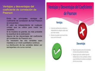 Entre las principales ventajas del
coeficiente de correlación de Karl Pearson
se encuentran:
El valor es independiente de cualquier
unidad que se utiliza para medir las
variables.
Si la muestra es grande, es más probable
la exactitud de la estimación.
Alguna de las desventajas del coeficiente
de correlación de Pearson son:
Es necesario las dos variables sean
medidas a un nivel cuantitativo continuo.
La distribución de las variables deben ser
semejantes a la curva normal.
Ventajas y desventajas del
coeficiente de correlación de
Pearson
 