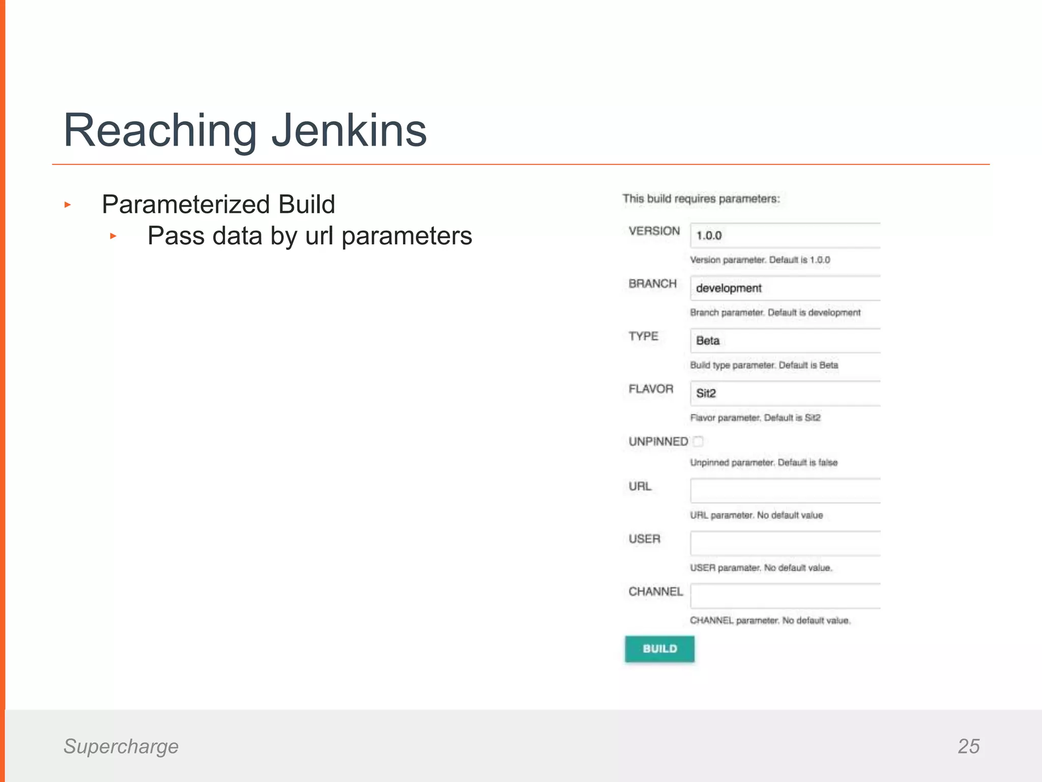 Reaching Jenkins
‣ Parameterized Build
‣ Pass data by url parameters
Supercharge 25
 