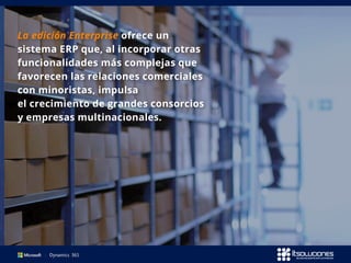La edición Enterprise ofrece un
sistema ERP que, al incorporar otras
funcionalidades más complejas que
favorecen las relaciones comerciales
con minoristas, impulsa
el crecimiento de grandes consorcios
y empresas multinacionales.
 