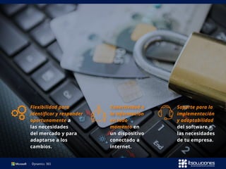 Flexibilidad para
identificar y responder
oportunamente a
las necesidades
del mercado y para
adaptarse a los
cambios.
Conectividad a
la información
en todo
momento en
un dispositivo
conectado a
internet.
Soporte para la
implementación
y adaptabilidad
del software a
las necesidades
de tu empresa.
 