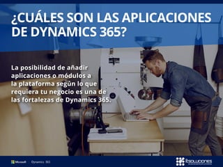 La posibilidad de añadir
aplicaciones o módulos a
la plataforma según lo que
requiera tu negocio es una de
las fortalezas de Dynamics 365.
¿CUÁLES SON LAS APLICACIONES
DE DYNAMICS 365?
 