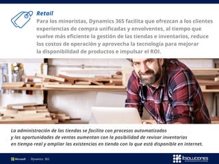 Retail
Para los minoristas, Dynamics 365 facilita que ofrezcan a los clientes
experiencias de compra unificadas y envolventes, al tiempo que
vuelve más eficiente la gestión de las tiendas e inventarios, reduce
los costos de operación y aprovecha la tecnología para mejorar
la disponibilidad de productos e impulsar el ROI.
La administración de las tiendas se facilita con procesos automatizados
y las oportunidades de ventas aumentan con la posibilidad de revisar inventarios
en tiempo real y ampliar las existencias en tienda con lo que está disponible en internet.
 