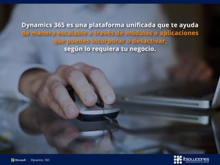 Dynamics 365 es una plataforma unificada que te ayuda
de manera escalable a través de módulos o aplicaciones
que puedes incorporar o desactivar,
según lo requiera tu negocio.
 