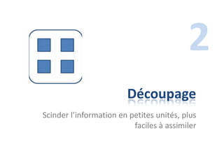 2
                        Découpage
Scinder l’information en petites unités, plus
                          faciles à assimiler
 