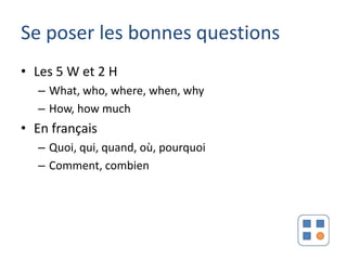 Se poser les bonnes questions
• Les 5 W et 2 H
  – What, who, where, when, why
  – How, how much
• En français
  – Quoi, qui, quand, où, pourquoi
  – Comment, combien
 