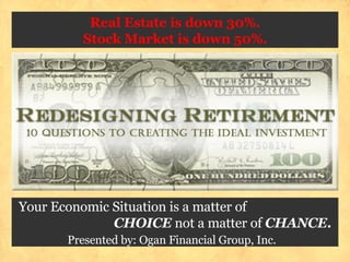 Real Estate is down 30%. Stock Market is down 50%.   Your Economic Situation is a matter of  CHOICE  not a matter of  CHANCE . Presented by: Ogan Financial Group, Inc.     