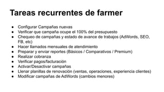Tareas recurrentes de farmer
● Configurar Campañas nuevas
● Verificar que campaña ocupe el 100% del presupuesto
● Chequeo de campañas y estado de avance de trabajos (AdWords, SEO,
FB, etc)
● Hacer llamados mensuales de atendimiento
● Preparar y enviar reportes (Básicos / Comparativos / Premium)
● Realizar cobranza
● Verificar pagos/facturación
● Activar/Desactivar campañas
● Llenar planillas de renovación (ventas, operaciones, experiencia clientes)
● Modificar campañas de AdWords (cambios menores)
 