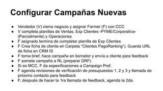 Configurar Campañas Nuevas
● Vendedor (V) cierra negocio y asignar Farmer (F) con CCC
● V completa planillas de Ventas, Exp Clientes -PYME/Corporativa-
(Parcialmente) y Operaciones
● F asignado termina de completar planilla de Exp Clientes
● F Crea ficha de cliente en Carpeta “Clientes PagoRanking”). Guarda URL
de ficha en CRM IS
● F toma brief, hace campaña en borrador y envía a cliente para feedback
● F somete campaña a RL (preparar DRF)
● Si es MCC, F da especificaciones a Campaign Prof.
● F agenda revisiones de verificación de presupuestos 1, 2 y 3 y llamada de
próximo contacto para feedback
● F, después de hacer la 1ra llamada de feedback, agenda la 2da.
 