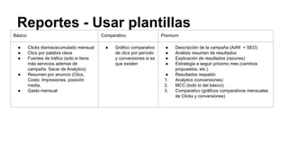 Reportes - Usar plantillas
Básico Comparativo Premium
● Clicks diarios/acumulado mensual
● Clics por palabra clave
● Fuentes de tráfico (solo si tiene
más servicios ademas de
campaña. Sacar de Analytics)
● Resumen por anuncio (Clics,
Costo, Impresiones, posición
media,
● Gasto mensual
● Gráfico comparativo
de clics por período
y conversiones si es
que existen
● Descripción de la campaña (AdW + SEO)
● Análisis resumen de resultados
● Explicación de resultados (razones)
● Estrategia a seguir próximo mes (cambios
propuestos, etc.)
● Resultados respaldo
1. Analytics (conversiones)
2. MCC (todo lo del básico)
3. Comparativo (gráficos comparativos mensuales
de Clicks y conversiones)
 