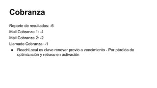Cobranza
Reporte de resultados: -6
Mail Cobranza 1: -4
Mail Cobranza 2: -2
Llamado Cobranza: -1
● ReachLocal es clave renovar previo a vencimiento - Por pérdida de
optimización y retraso en activación
 