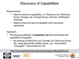 Discovery of Capabilities
Requirements:
• Need to discover capabilities, i.e. Resource List, Resource
Dump, Change List, Change Dump, Archives, Notification
channels
• Need to know the type of capability each document
represents.
Approach:
• The Source publishes a Capability List that enumerates the
capabilities it supports.
• By pointing at Resource List, Change List, Resource Dump,
etc. using appropriate relation types, e.g. “resourcelist”,
“changelist”, “resourcedump” etc.
http://www.openarchives.org/rs/resourcesync#CapabilityList
ResourceSync Webinar
December 3 2013

56

 