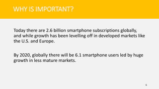 Today there are 2.6 billion smartphone subscriptions globally,
and while growth has been levelling off in developed markets like
the U.S. and Europe.
By 2020, globally there will be 6.1 smartphone users led by huge
growth in less mature markets.
6
WHY IS IMPORTANT?
 