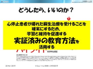 どうしたら、いいのか？
22 Mar 2019 JSISH2019シミュレーション教育＠
心停止患者が優れた蘇生治療を受けることを
確実にするため、
学習と維持を促進する
実証済みの教育方法を
活用する
 