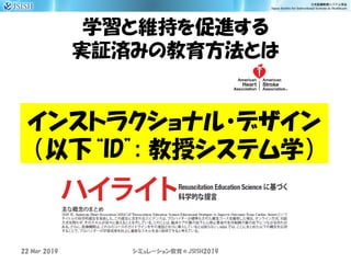 学習と維持を促進する
実証済みの教育方法とは
22 Mar 2019 JSISH2019シミュレーション教育＠
インストラクショナル・デザイン
（以下“ID”: 教授システム学）
 