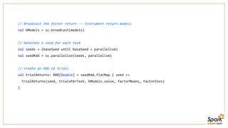 // Broadcast the factor return -> instrument return models
val bModels = sc.broadcast(models)
// Generate a seed for each task
val seeds = (baseSeed until baseSeed + parallelism)
val seedRdd = sc.parallelize(seeds, parallelism)
// Create an RDD of trials
val trialReturns: RDD[Double] = seedRdd.flatMap { seed =>
trialReturns(seed, trialsPerTask, bModels.value, factorMeans, factorCovs)
}
 